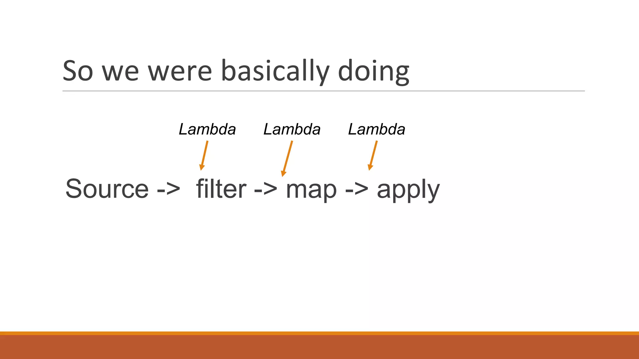 So we were basically doing
Source -> filter -> map -> apply
Lambda Lambda Lambda
 