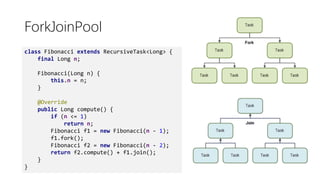 ForkJoinPool
class Fibonacci extends RecursiveTask<Long> {
final Long n;
Fibonacci(Long n) {
this.n = n;
}
@Override
public Long compute() {
if (n <= 1)
return n;
Fibonacci f1 = new Fibonacci(n - 1);
f1.fork();
Fibonacci f2 = new Fibonacci(n - 2);
return f2.compute() + f1.join();
}
}
 