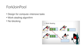 ForkJoinPool
• Design for compute-intensive tasks
• Work stealing algorithm
• No blocking
 