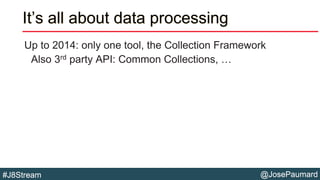 @JosePaumard#J8Stream
It’s all about data processing
Up to 2014: only one tool, the Collection Framework
Also 3rd party AP...