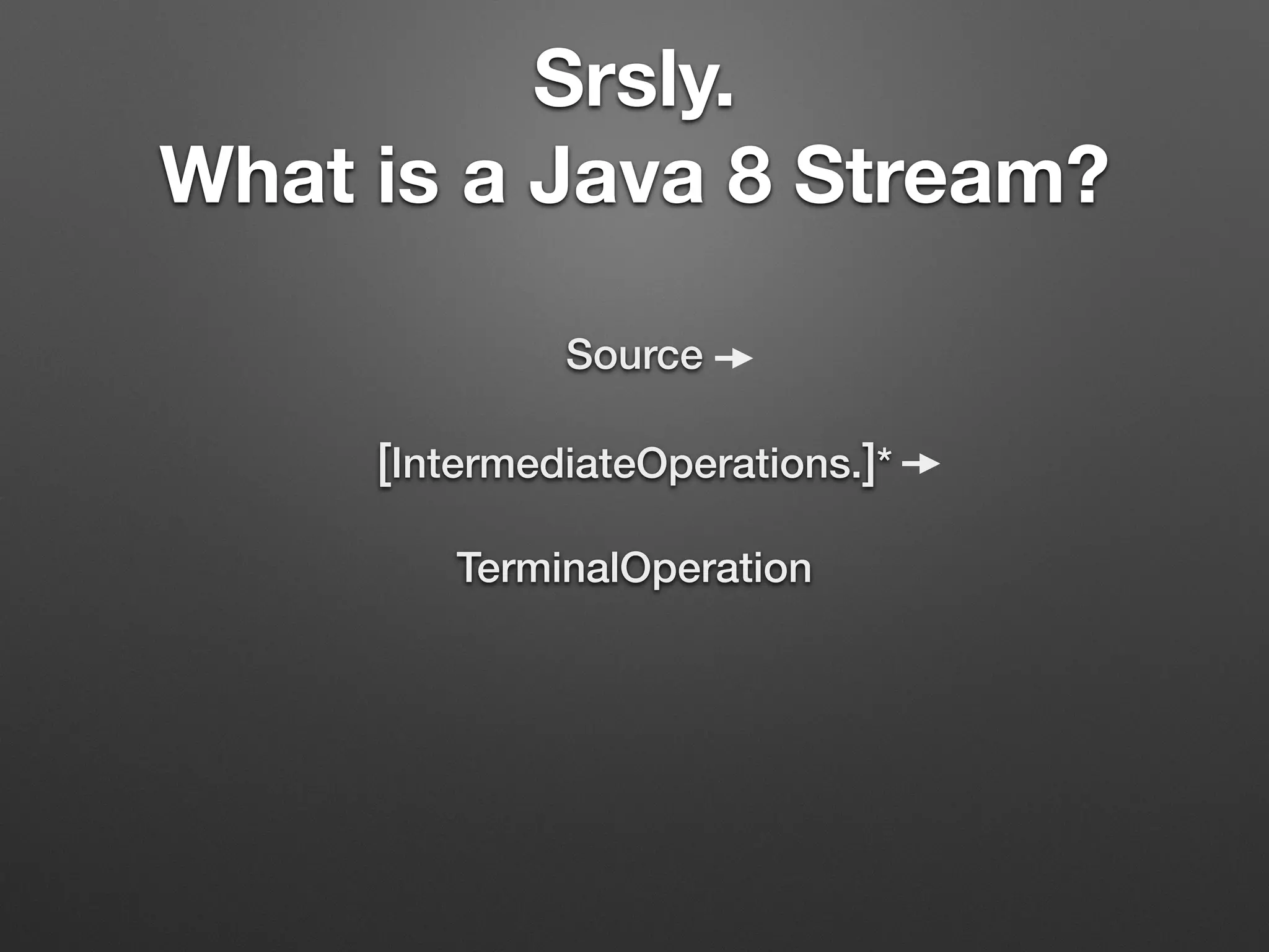 Srsly.
What is a Java 8 Stream?
Source
[IntermediateOperations.]*
TerminalOperation
 
