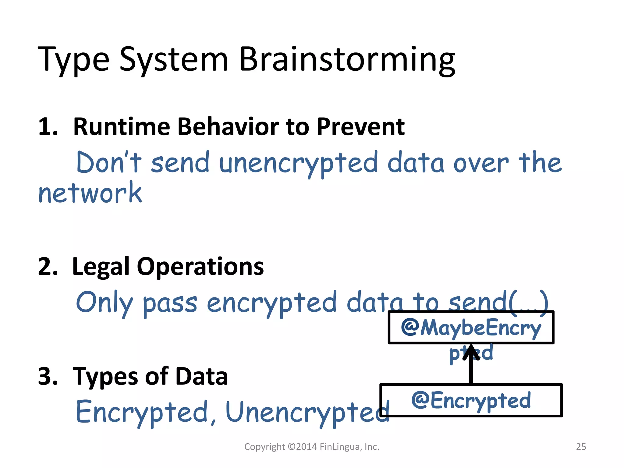 Type System Brainstorming
1. Runtime Behavior to Prevent
Don’t send unencrypted data over the network
2. Legal Operations
Only pass encrypted data to send(...)
3. Types of Data
Encrypted, Unencrypted
@MaybeEncrypted
@Encrypted
Copyright ©2014 FinLingua, Inc. 25
 