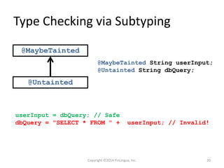 Type Checking via Subtyping
@MaybeTainted
@Untainted
userInput = dbQuery; // Safe
dbQuery = "SELECT * FROM " + userInput; // Invalid!
@MaybeTainted String userInput;
@Untainted String dbQuery;
Copyright ©2014 FinLingua, Inc. 20
 
