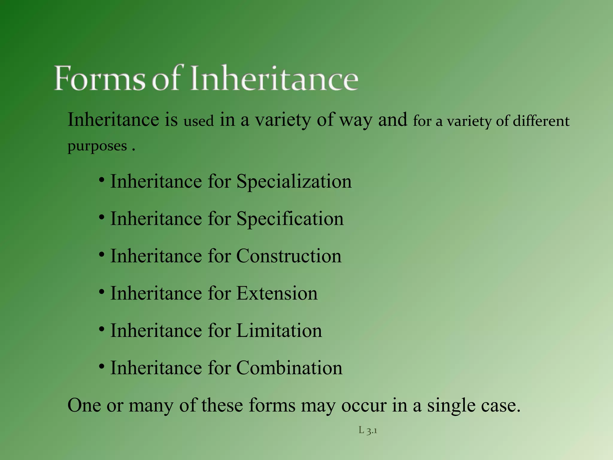 L 3.1
Inheritance is used in a variety of way and for a variety of different
purposes .
• Inheritance for Specialization
• Inheritance for Specification
• Inheritance for Construction
• Inheritance for Extension
• Inheritance for Limitation
• Inheritance for Combination
One or many of these forms may occur in a single case.
 