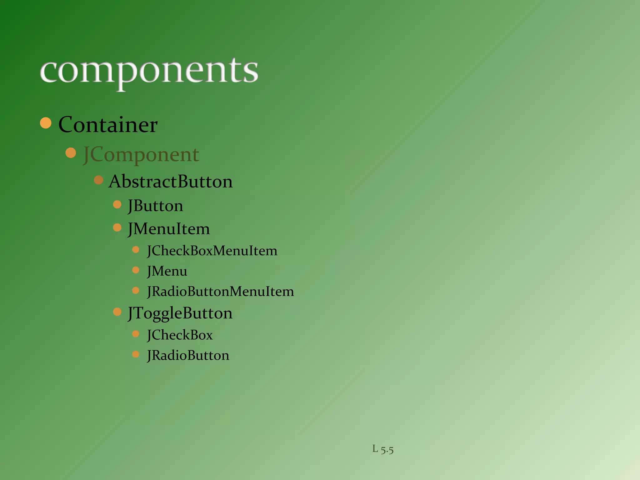 Container
JComponent
AbstractButton
JButton
JMenuItem
 JCheckBoxMenuItem
 JMenu
 JRadioButtonMenuItem
JToggleButton
 JCheckBox
 JRadioButton
L 5.5
 