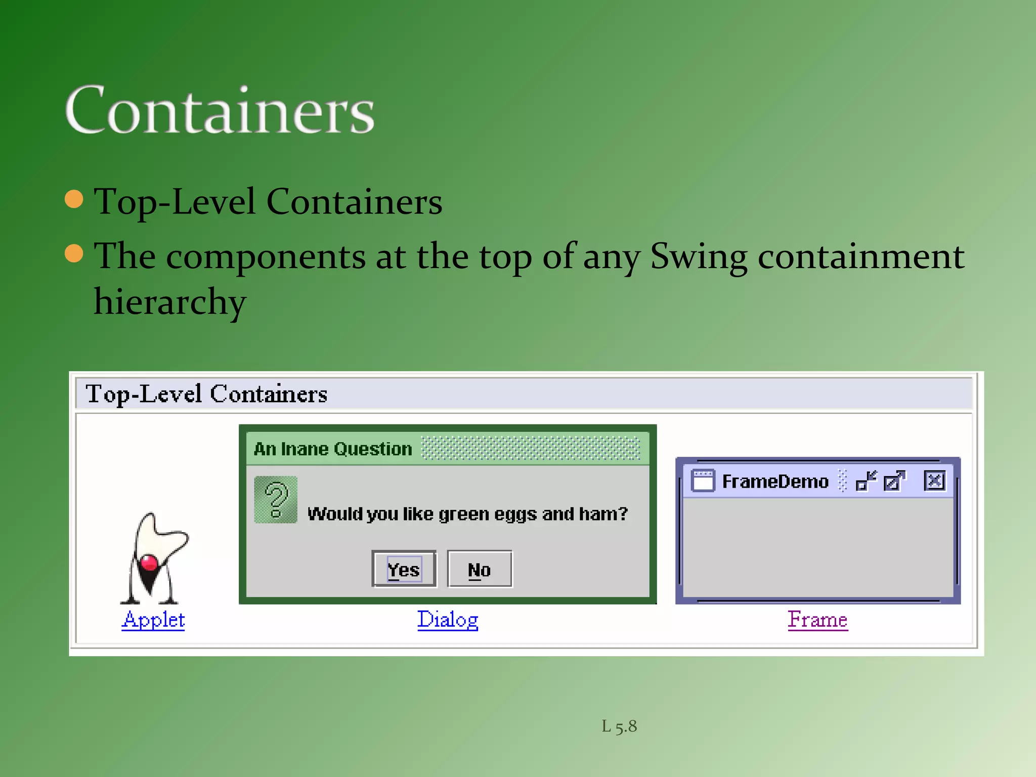 Top-Level Containers
The components at the top of any Swing containment
hierarchy
L 5.8
 