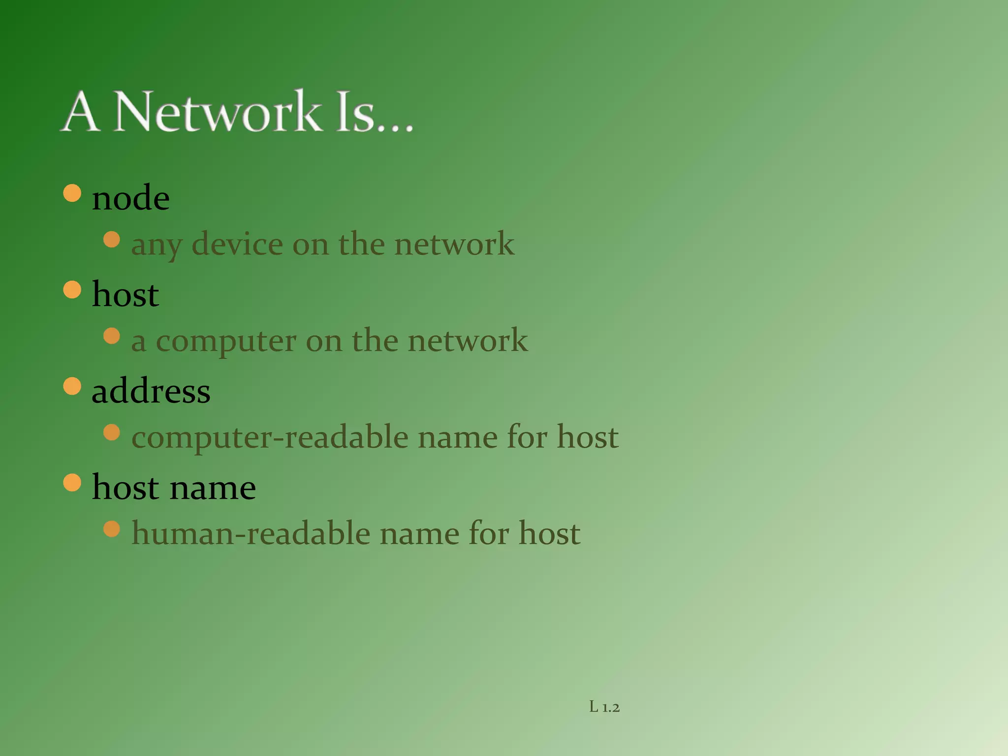 node
any device on the network
host
a computer on the network
address
computer-readable name for host
host name
human-readable name for host
L 1.2
 