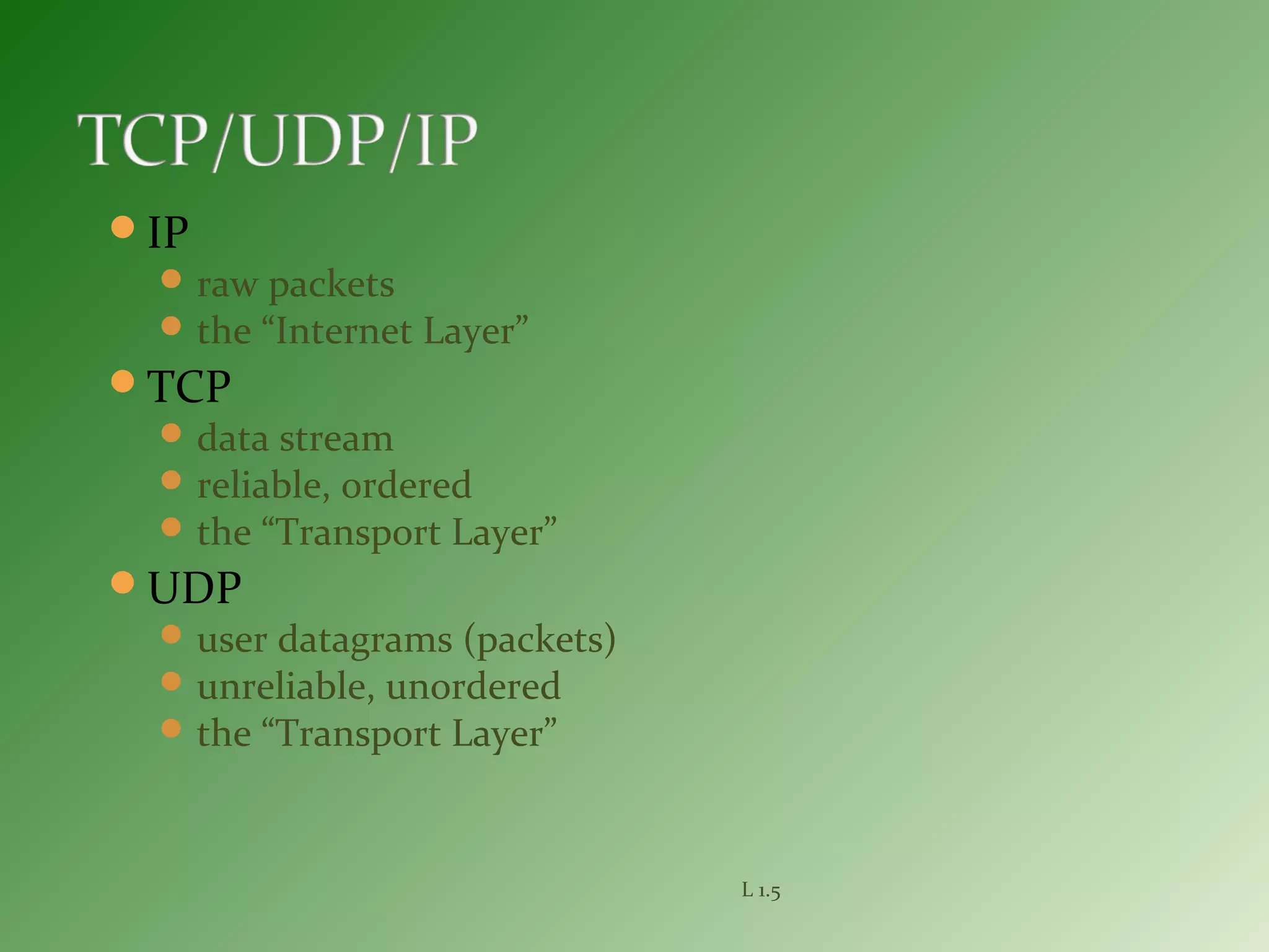 IP
raw packets
the “Internet Layer”
TCP
data stream
reliable, ordered
the “Transport Layer”
UDP
user datagrams (packets)
unreliable, unordered
the “Transport Layer”
L 1.5
 