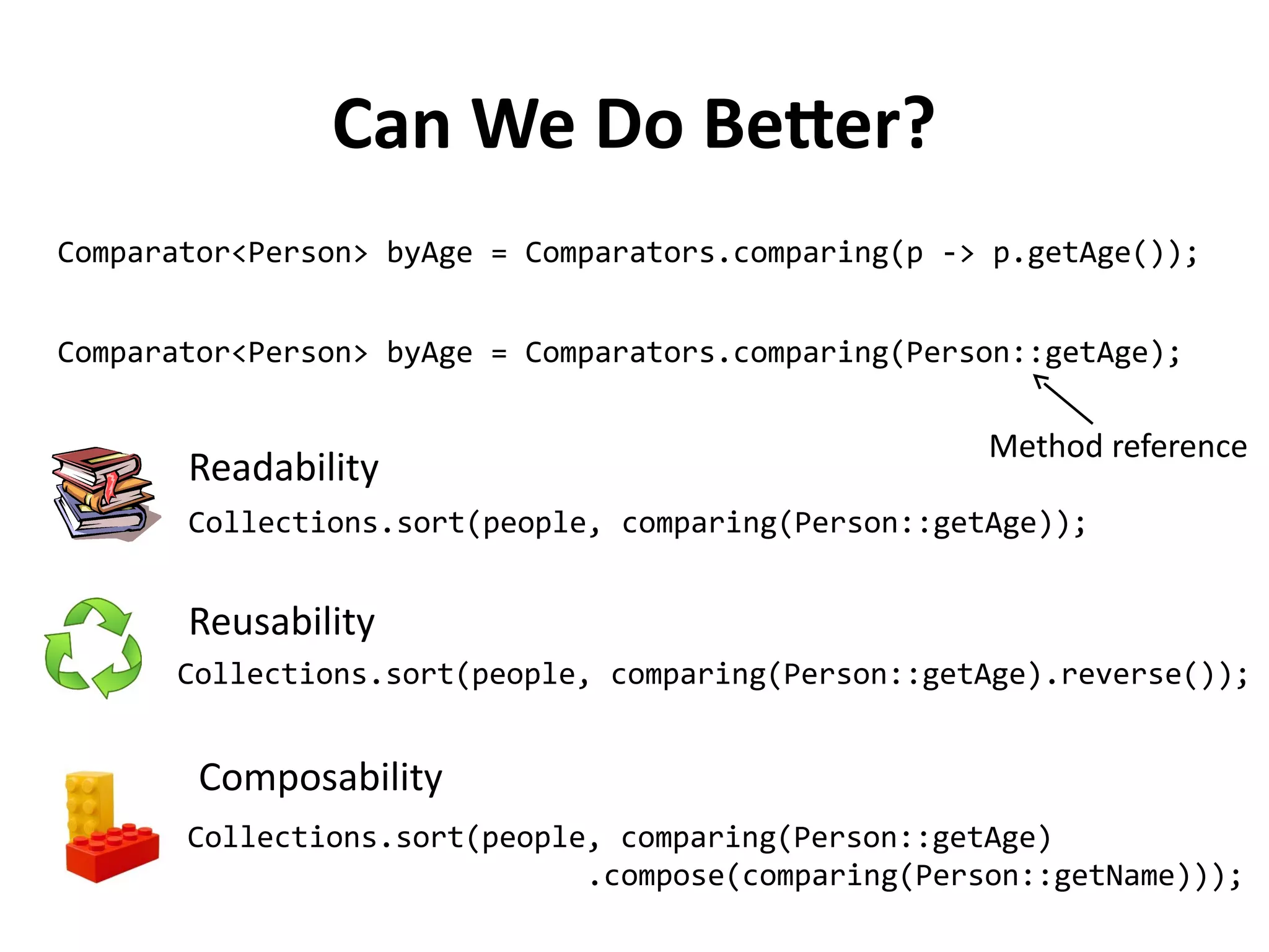 Can We Do Better? 
Comparator<Person> byAge = Comparators.comparing(p -> p.getAge()); 
Comparator<Person> byAge = Comparators.comparing(Person::getAge); 
Method reference 
Readability 
Collections.sort(people, comparing(Person::getAge)); 
Collections.sort(people, comparing(Person::getAge).reverse()); 
Collections.sort(people, comparing(Person::getAge) 
.compose(comparing(Person::getName))); 
Reusability 
Composability 
 