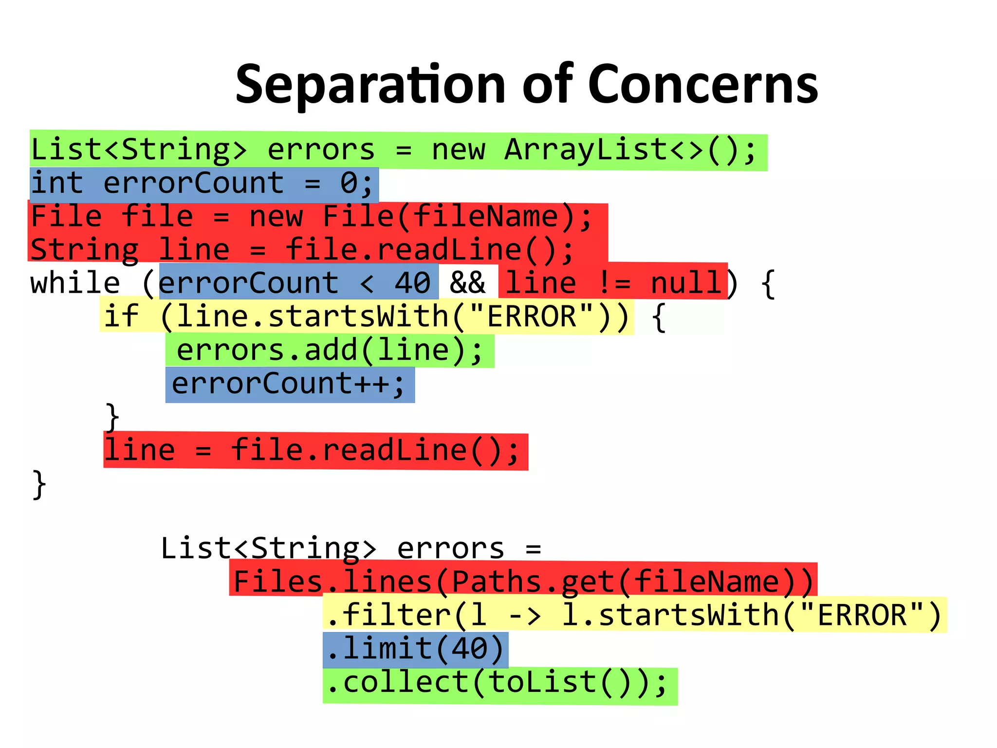 Separation of Concerns 
List<String> errors = new ArrayList<>(); 
int errorCount = 0; 
File file = new File(fileName); 
String line = file.readLine(); 
while (errorCount < 40 && line != null) { 
if (line.startsWith("ERROR")) { 
errors.add(line); 
errorCount++; 
} 
line = file.readLine(); 
List<String> errors = 
Files.lines(Paths.get(fileName)) 
.filter(l -> l.startsWith("ERROR") 
.limit(40) 
.collect(toList()); 
} 
 