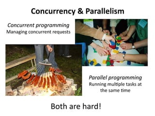 Concurrency & Parallelism 
Parallel programming 
Running multiple tasks at 
the same time 
Concurrent programming 
Managing concurrent requests 
Both are hard! 
 