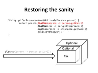 String getCarInsuranceName(Optional<Person> person) { 
return person.flatMap(person -> person.getCar()) 
.flatMap(car -> car.getInsurance()) 
.map(insurance -> insurance.getName()) 
.orElse("Unknown"); 
} 
Restoring the sanity 
Optional 
flatMap(person -> person.getCar()) 
Optional 
Car 
 
