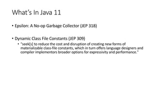 What’s In Java 11
• Epsilon: A No-op Garbage Collector (JEP 318)
• Dynamic Class File Constants (JEP 309)
• "seek[s] to reduce the cost and disruption of creating new forms of
materializable class-file constants, which in turn offers language designers and
compiler implementors broader options for expressivity and performance."
 