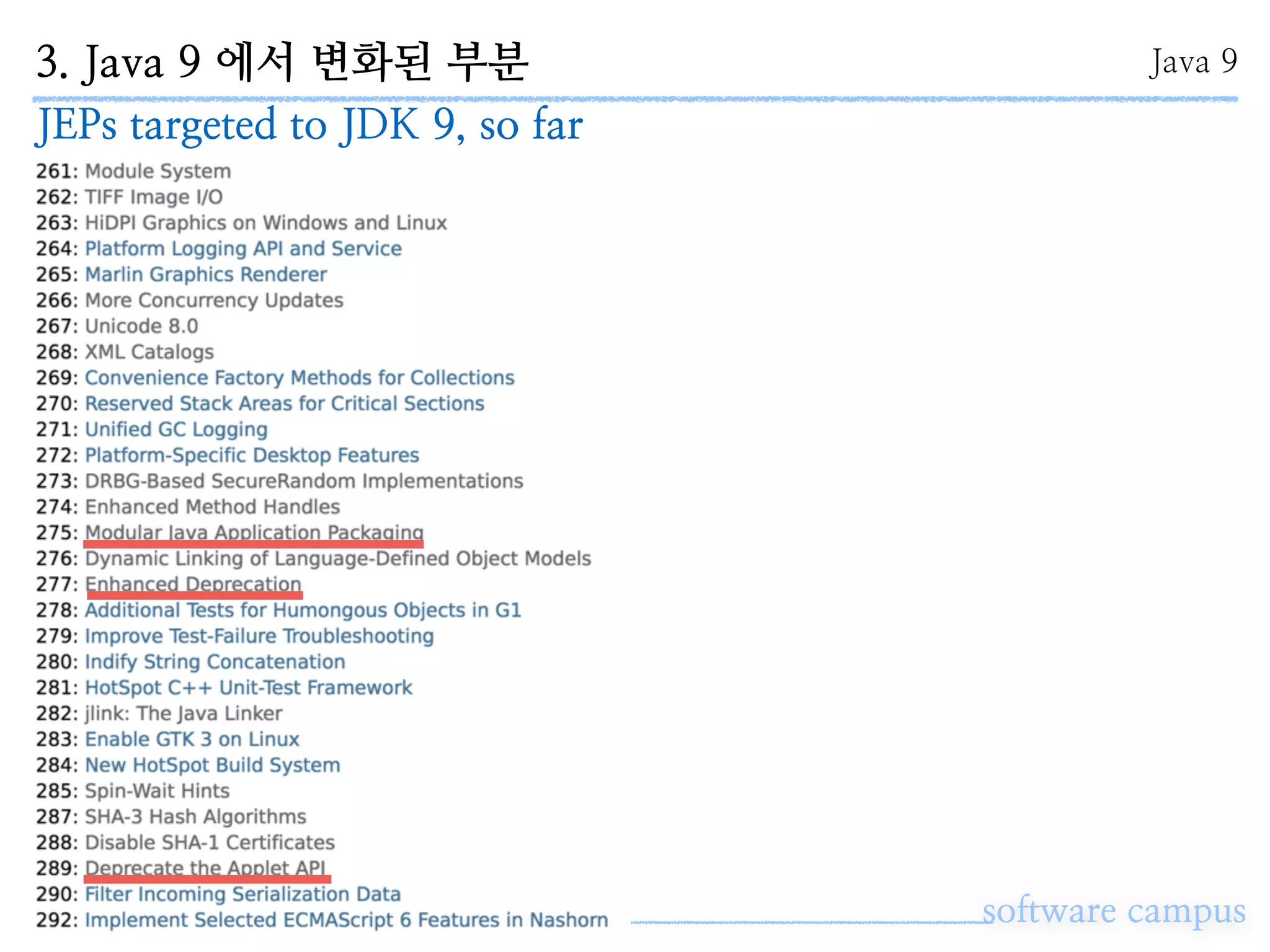 3. Java 9 에서 변화된 부분
software campus
Java 9
JEPs targeted to JDK 9, so far
 