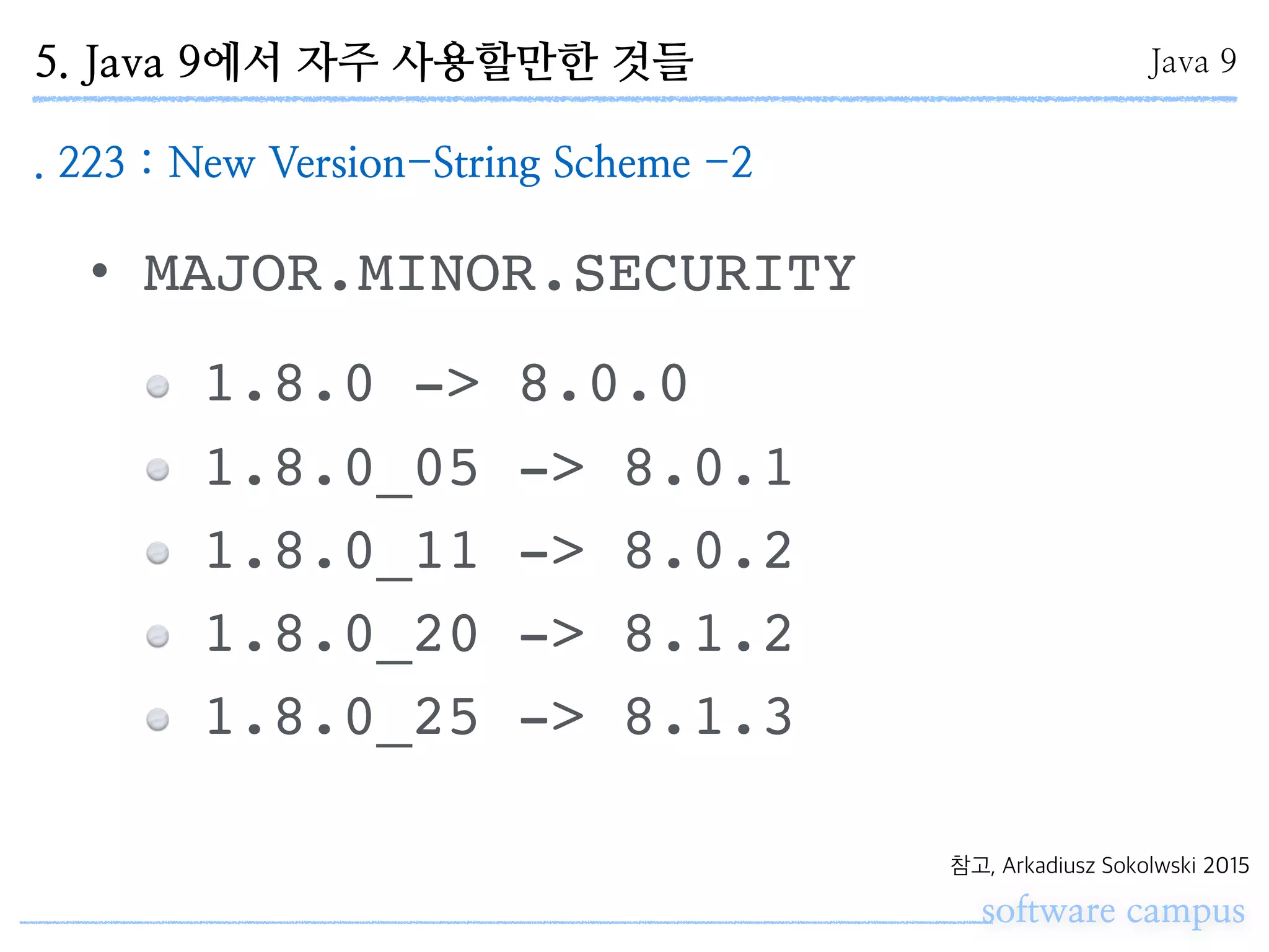 software campus
참고, Arkadiusz Sokolwski 2015
• MAJOR.MINOR.SECURITY
1.8.0 -> 8.0.0
1.8.0_05 -> 8.0.1
1.8.0_11 -> 8.0.2
1.8.0_20 -> 8.1.2
1.8.0_25 -> 8.1.3
Java 95. Java 9에서 자주 사용할만한 것들
. 223 : New Version-String Scheme -2
 