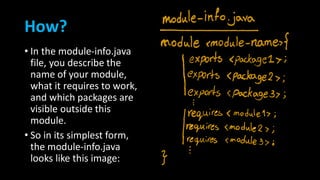 How?
• In the module-info.java
file, you describe the
name of your module,
what it requires to work,
and which packages are
visible outside this
module.
• So in its simplest form,
the module-info.java
looks like this image:
 