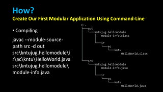How?
Create Our First Modular Application Using Command-Line
• Compiling
javac --module-source-
path src -d out
srckntujug.hellomodulei
rackntuHelloWorld.java
srckntujug.hellomodule
module-info.java
 