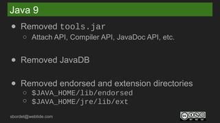 sbordet@webtide.com
Java 9
● Removed tools.jar
○ Attach API, Compiler API, JavaDoc API, etc.
● Removed JavaDB
● Removed endorsed and extension directories
○ $JAVA_HOME/lib/endorsed
○ $JAVA_HOME/jre/lib/ext
 