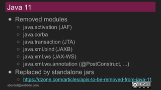 sbordet@webtide.com
Java 11
● Removed modules
○ java.activation (JAF)
○ java.corba
○ java.transaction (JTA)
○ java.xml.bind (JAXB)
○ java.xml.ws (JAX-WS)
○ java.xml.ws.annotation (@PostConstruct, ...)
● Replaced by standalone jars
○ https://dzone.com/articles/apis-to-be-removed-from-java-11
 