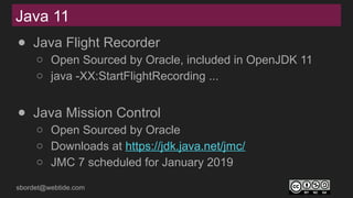 sbordet@webtide.com
Java 11
● Java Flight Recorder
○ Open Sourced by Oracle, included in OpenJDK 11
○ java -XX:StartFlightRecording ...
● Java Mission Control
○ Open Sourced by Oracle
○ Downloads at https://jdk.java.net/jmc/
○ JMC 7 scheduled for January 2019
 
