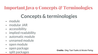 Concepts & terminologies
- module
- modular JAR
- accessibility
- implied readability
- automatic module
- unnamed module
- open module
- open package
- split packages
Important Java 9 Concepts & Terminologies
Credits: Oleg Tsal-Tsalko & Nicolai Parlog
 