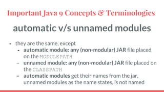 automatic v/s unnamed modules
- they are the same, except
- automatic module: any (non-modular) JAR file placed
on the MODULEPATH
- unnamed module: any (non-modular) JAR file placed on
the CLASSPATH
- automatic modules get their names from the jar,
unnamed modules as the name states, is not named
Important Java 9 Concepts & Terminologies
 