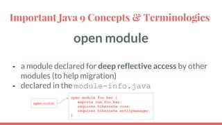 open module
- a module declared for deep reflective access by other
modules (to help migration)
- declared in the module-info.java
Important Java 9 Concepts & Terminologies
open module foo.bar {
exports com.foo.bar;
requires hibernate.core;
requires hibernate.entitymanager;
}
open module
 