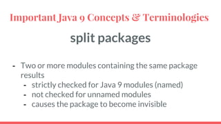 split packages
- Two or more modules containing the same package
results
- strictly checked for Java 9 modules (named)
- not checked for unnamed modules
- causes the package to become invisible
Important Java 9 Concepts & Terminologies
 