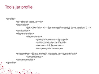 Tools.jar profile
<profile>
<id>default-tools.jar</id>
<activation>
<jdk>(,9)</jdk> <!-- System.getProperty( “java.version” ) -->
</activation>
<dependencies>
<dependency>
<groupId>com.sun</groupId>
<artifactId>tools</artifactId>
<version>1.4.2</version>
<scope>system</scope>
<systemPath>${java.home}/../lib/tools.jar</systemPath>
</dependency>
</dependencies>
</profile>
 