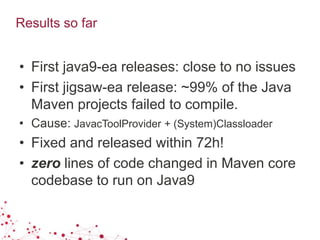 Results so far
• First java9-ea releases: close to no issues
• First jigsaw-ea release: ~99% of the Java
Maven projects failed to compile.
• Cause: JavacToolProvider + (System)Classloader
• Fixed and released within 72h!
• zero lines of code changed in Maven core
codebase to run on Java9
 
