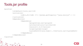 Tools.jar profile
<profile>
<id>default-tools.jar</id>
<activation>
<jdk>(,9)</jdk> <!-- System.getProperty( “java.version” ) -->
</activation>
<dependencies>
<dependency>
<groupId>com.sun</groupId>
<artifactId>tools</artifactId>
<version>1.4.2</version>
<scope>system</scope>
<systemPath>${java.home}/../lib/tools.jar</systemPath>
</dependency>
</dependencies>
</profile>
31
 