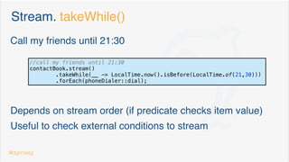 Optional. Initial design problems
the get design problem
method isPresent to avoid Exceptions
Optional<Contact> emergencyCall = contactBook.getEmergency();
if (emergencyCall.isPresent()) {
emergencyCall.get().getPhoneNumber();
}
@dgomezg 8
 