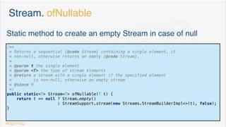 Optional. Initial design problems
Avoid isPresent & get —> use ifPresent
contactBook.getEmergency()
.ifPresent(contact -> new PhoneDialer().dial(contact));
@dgomezg 8
 