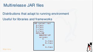 Multirelease JAR ﬁles
Distributions that adapt to running environment
Useful for libraries and frameworks
JAR content root
A.class
B.class
C.class
D.class
META-INF
MANIFEST.MF
versions
9
A.class
B.class
10
A.class
@dgomezg 9
 