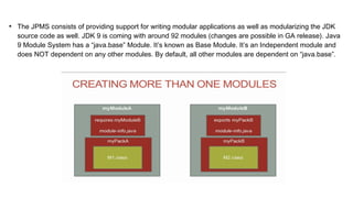 ●
The JPMS consists of providing support for writing modular applications as well as modularizing the JDK
source code as well. JDK 9 is coming with around 92 modules (changes are possible in GA release). Java
9 Module System has a “java.base” Module. It’s known as Base Module. It’s an Independent module and
does NOT dependent on any other modules. By default, all other modules are dependent on “java.base”.
 