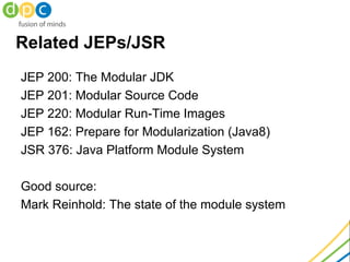 Related JEPs/JSR
JEP 200: The Modular JDK
JEP 201: Modular Source Code
JEP 220: Modular Run-Time Images
JEP 162: Prepare f...