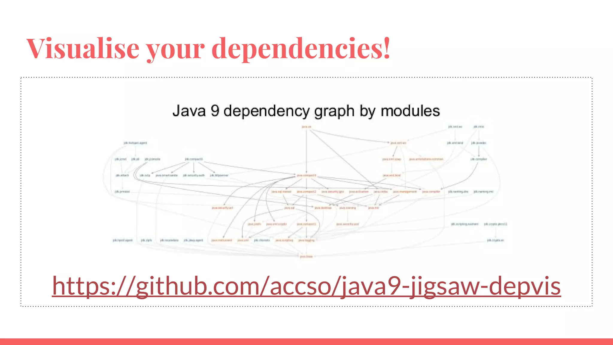 https://github.com/accso/java9-jigsaw-depvis
Visualise your dependencies!
 
