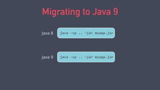 Migrating to Java 9
java -cp .. -jar myapp.jarJava 8
 