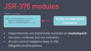 JSR-376 modules
module myFirstModule @ 1.0.0 {
exports com.public.api;
requires myOtherModule @ 1.0;
}
module-info.java
‣ Dependencies are transitively resolved on modulepath
‣ Versions: ordered, but not semantic
‣ Access control happens deep in VM
(IllegalAccessException)
in Jar, or new jmod
container
 