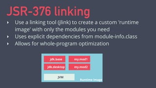 JSR-376 linking
‣ Use a linking tool (jlink) to create a custom 'runtime
image' with only the modules you need
‣ Uses explicit dependencies from module-info.class
‣ Allows for whole-program optimization
Runtime image
jdk.base
jdk.desktop
my.mod1
my.mod2
JVM
 