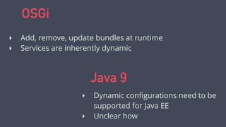 ‣ Add, remove, update bundles at runtime
‣ Services are inherently dynamic
OSGi
Java 9
‣ Dynamic conﬁgurations need to be
supported for Java EE
‣ Unclear how
 