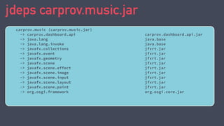 jdeps carprov.music.jar
carprov.music (carprov.music.jar)
-> carprov.dashboard.api carprov.dashboard.api.jar
-> java.lang java.base
-> java.lang.invoke java.base
-> javafx.collections jfxrt.jar
-> javafx.event jfxrt.jar
-> javafx.geometry jfxrt.jar
-> javafx.scene jfxrt.jar
-> javafx.scene.effect jfxrt.jar
-> javafx.scene.image jfxrt.jar
-> javafx.scene.input jfxrt.jar
-> javafx.scene.layout jfxrt.jar
-> javafx.scene.paint jfxrt.jar
-> org.osgi.framework org.osgi.core.jar
 