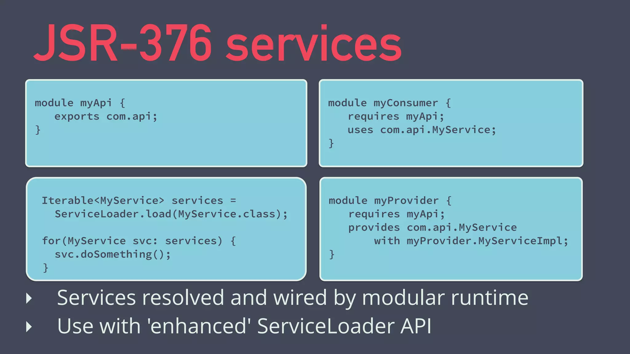 Contracts & Services
Provider
module
Service
Registry
Consumer
module
Register
service
Lookup
service
Return
service
instance
Use an interface as contract
 