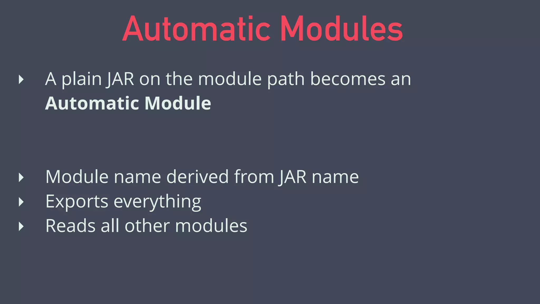 package com.javamodularity.demonstrator;
import org.apache.commons.lang3.StringUtils;
public class Demo {
public static void main(String args[]) {
String output = StringUtils.leftPad("Leftpad FTW!", 20);
System.out.println(output);
}
}
Classic classpath
 
