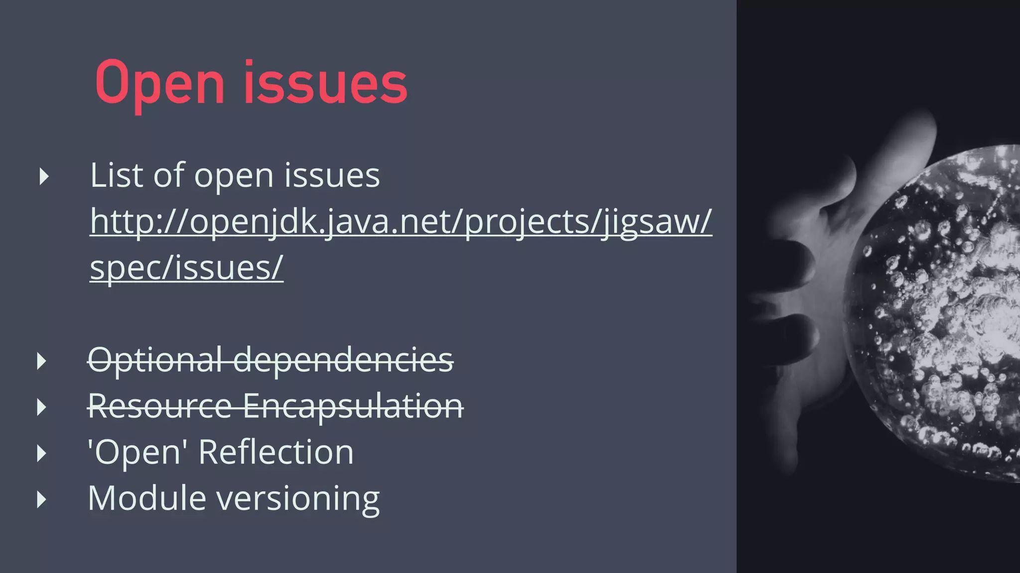 Top down migration
commons.lang3.3.4.jar
demonstrator.jar
classpath
java.base module path
Can’t reference the classpath
from named modules!
 