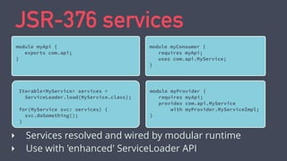 Contracts & Services
Provider
module
Service
Registry
Consumer
module
Register
service
Lookup
service
Return
service
instance
Use an interface as contract
 