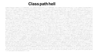 common/hadoop-common-3.0.0-SNAPSHOT.jar:common/hadoop-nfs-3.0.0-SNAPSHOT.jar:common/lib/activation-1.1.jar:common/lib/apacheds-i
18n-2.0.0-M15.jar:common/lib/apacheds-kerberos-codec-2.0.0-M15.jar:common/lib/api-asn1-api-1.0.0-M20.jar:common/lib/api-util-1.0
.0-M20.jar:common/lib/asm-3.2.jar:common/lib/avro-1.7.4.jar:common/lib/commons-beanutils-1.7.0.jar:common/lib/commons-beanutils-
core-1.8.0.jar:common/lib/commons-cli-1.2.jar:common/lib/commons-codec-1.4.jar:common/lib/commons-collections-3.2.1.jar:common/l
ib/commons-compress-1.4.1.jar:common/lib/commons-configuration-1.6.jar:common/lib/commons-digester-1.8.jar:common/lib/commons-ht
tpclient-3.1.jar:common/lib/commons-io-2.4.jar:common/lib/commons-lang-2.6.jar:common/lib/commons-logging-1.1.3.jar:common/lib/c
ommons-math3-3.1.1.jar:common/lib/commons-net-3.1.jar:common/lib/curator-client-2.7.1.jar:common/lib/curator-framework-2.7.1.jar
:common/lib/curator-recipes-2.7.1.jar:common/lib/gson-2.2.4.jar:common/lib/guava-11.0.2.jar:common/lib/hadoop-annotations-3.0.0-
SNAPSHOT.jar:common/lib/hadoop-auth-3.0.0-SNAPSHOT.jar:common/lib/hamcrest-core-1.3.jar:common/lib/htrace-core4-4.0.1-incubating
.jar:common/lib/httpclient-4.2.5.jar:common/lib/httpcore-4.2.5.jar:common/lib/jackson-core-asl-1.9.13.jar:common/lib/jackson-jax
rs-1.9.13.jar:common/lib/jackson-mapper-asl-1.9.13.jar:common/lib/jackson-xc-1.9.13.jar:common/lib/java-xmlbuilder-0.4.jar:commo
n/lib/jaxb-api-2.2.2.jar:common/lib/jaxb-impl-2.2.3-1.jar:common/lib/jcip-annotations-1.0.jar:common/lib/jersey-core-1.9.jar:com
mon/lib/jersey-json-1.9.jar:common/lib/jersey-server-1.9.jar:common/lib/jets3t-0.9.0.jar:common/lib/jettison-1.1.jar:common/lib/
jetty-6.1.26.jar:common/lib/jetty-util-6.1.26.jar:common/lib/jsch-0.1.51.jar:common/lib/json-smart-1.1.1.jar:common/lib/jsp-api-
2.1.jar:common/lib/jsr305-3.0.0.jar:common/lib/junit-4.11.jar:common/lib/log4j-1.2.17.jar:common/lib/mockito-all-1.8.5.jar:commo
n/lib/netty-3.6.2.Final.jar:common/lib/nimbus-jose-jwt-3.9.jar:common/lib/paranamer-2.3.jar:common/lib/protobuf-java-2.5.0.jar:c
ommon/lib/servlet-api-2.5.jar:common/lib/slf4j-api-1.7.10.jar:common/lib/slf4j-log4j12-1.7.10.jar:common/lib/snappy-java-1.0.4.1
.jar:common/lib/stax-api-1.0-2.jar:common/lib/xmlenc-0.52.jar:common/lib/xz-1.0.jar:common/lib/zookeeper-3.4.6.jar:hdfs/hadoop-h
dfs-3.0.0-SNAPSHOT.jar:hdfs/hadoop-hdfs-nfs-3.0.0-SNAPSHOT.jar:hdfs/lib/commons-daemon-1.0.13.jar:hdfs/lib/hadoop-hdfs-client-3.
0.0-SNAPSHOT.jar:hdfs/lib/hpack-0.11.0.jar:hdfs/lib/leveldbjni-all-1.8.jar:hdfs/lib/netty-all-4.1.0.Beta5.jar:hdfs/lib/okhttp-2.
4.0.jar:hdfs/lib/okio-1.4.0.jar:hdfs/lib/xercesImpl-2.9.1.jar:mapreduce/hadoop-mapreduce-client-app-3.0.0-SNAPSHOT.jar:mapreduce
/hadoop-mapreduce-client-common-3.0.0-SNAPSHOT.jar:mapreduce/hadoop-mapreduce-client-core-3.0.0-SNAPSHOT.jar:mapreduce/hadoop-ma
preduce-client-hs-3.0.0-SNAPSHOT.jar:mapreduce/hadoop-mapreduce-client-hs-plugins-3.0.0-SNAPSHOT.jar:mapreduce/hadoop-mapreduce-
client-jobclient-3.0.0-SNAPSHOT.jar:mapreduce/hadoop-mapreduce-client-nativetask-3.0.0-SNAPSHOT.jar:mapreduce/hadoop-mapreduce-c
lient-shuffle-3.0.0-SNAPSHOT.jar:mapreduce/hadoop-mapreduce-examples-3.0.0-SNAPSHOT.jar:yarn/hadoop-yarn-api-3.0.0-SNAPSHOT.jar:
yarn/hadoop-yarn-applications-distributedshell-3.0.0-SNAPSHOT.jar:yarn/hadoop-yarn-applications-unmanaged-am-launcher-3.0.0-SNAP
SHOT.jar:yarn/hadoop-yarn-client-3.0.0-SNAPSHOT.jar:yarn/hadoop-yarn-common-3.0.0-SNAPSHOT.jar:yarn/hadoop-yarn-registry-3.0.0-S
NAPSHOT.jar:yarn/hadoop-yarn-server-applicationhistoryservice-3.0.0-SNAPSHOT.jar:yarn/hadoop-yarn-server-common-3.0.0-SNAPSHOT.j
ar:yarn/hadoop-yarn-server-nodemanager-3.0.0-SNAPSHOT.jar:yarn/hadoop-yarn-server-resourcemanager-3.0.0-SNAPSHOT.jar:yarn/hadoop
-yarn-server-sharedcachemanager-3.0.0-SNAPSHOT.jar:yarn/hadoop-yarn-server-web-proxy-3.0.0-SNAPSHOT.jar:yarn/lib/aopalliance-1.0
.jar:yarn/lib/commons-math-2.2.jar:yarn/lib/curator-test-2.7.1.jar:yarn/lib/fst-2.24.jar:yarn/lib/guice-3.0.jar:yarn/lib/guice-s
ervlet-3.0.jar:yarn/lib/javassist-3.18.1-GA.jar:yarn/lib/javax.inject-1.jar:yarn/lib/jersey-client-1.9.jar:yarn/lib/jersey-guice
-1.9.jar:yarn/lib/objenesis-2.1.jar
Classpathhell
 