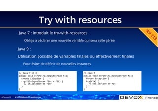 #DevoxxFR
Try with resources
Java 7 : introduit le try-with-resources
Oblige à déclarer une nouvelle variable qui sera celle gérée
#Java9ModuloLesModules
// Java 9
public void ecrire(FileInputStream fis)
throws Exception {
try(fis) {
// utilisation de fis
}
}
Java 9 :
Utilisation possible de variables finales ou effectivement finales
Pour éviter de définir de nouvelles instances
// Java 7 et 8
public void ecrire(FileInputStream fis)
throws Exception {
try(FileInputStream fisr = fis) {
// utilisation de fisr
}
}
8
 