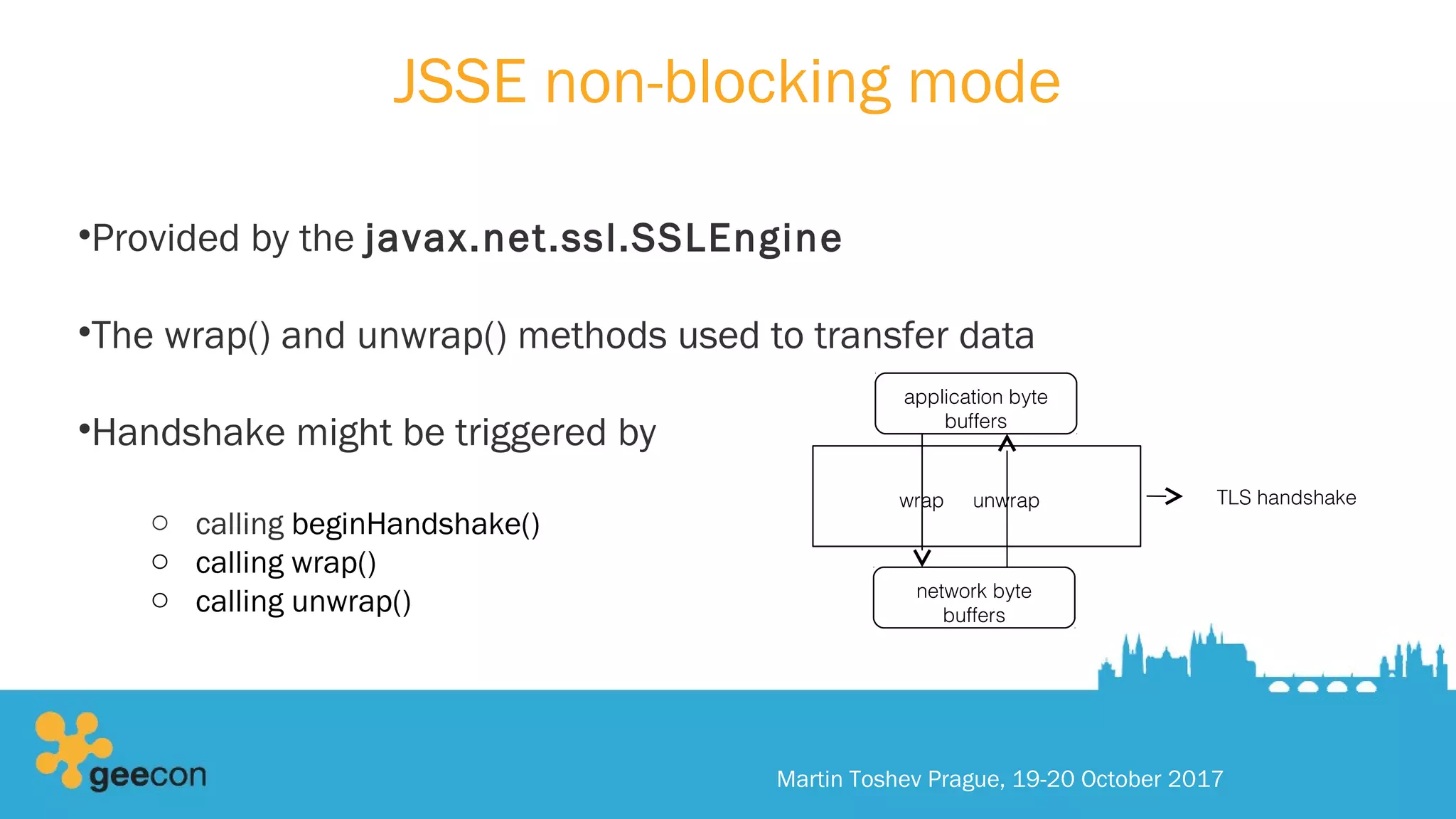 JSSE non-blocking mode
•Provided by the javax.net.ssl.SSLEngine
•The wrap() and unwrap() methods used to transfer data
•Handshake might be triggered by
o calling beginHandshake()
o calling wrap()
o calling unwrap()
Martin Toshev Prague, 19-20 October 2017
application byte
buffers
network byte
buffers
TLS handshakewrap unwrap
 