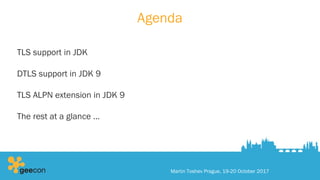 Agenda
TLS support in JDK
DTLS support in JDK 9
TLS ALPN extension in JDK 9
The rest at a glance …
Martin Toshev Prague, 19-20 October 2017
 